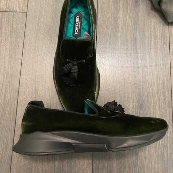Tom Ford Turner Tasselled Velvet Green Sneakers Size 11 - Picture 8 of 16